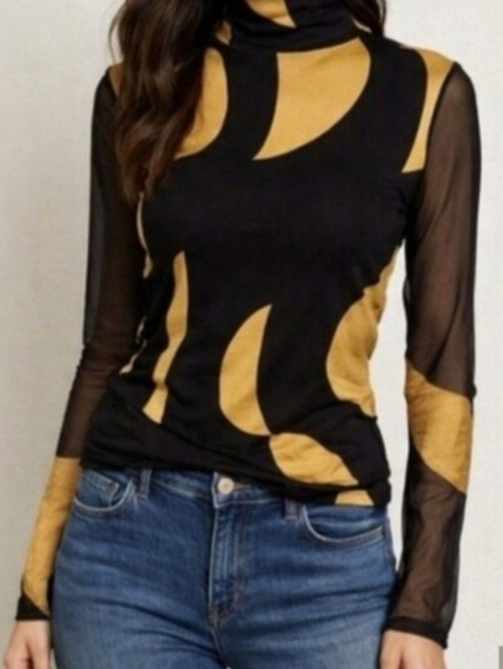 Bailey 44 Black Gold Abstract Sheer Sleeve Blouse Women Size Small Statement Top